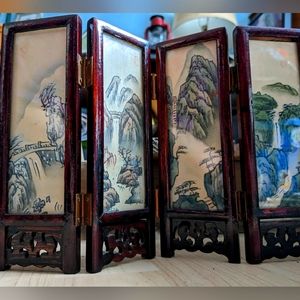 Antique Japanese 4-Panel Folding Screen. Hand Carved/Pained | + 3 extra Panels